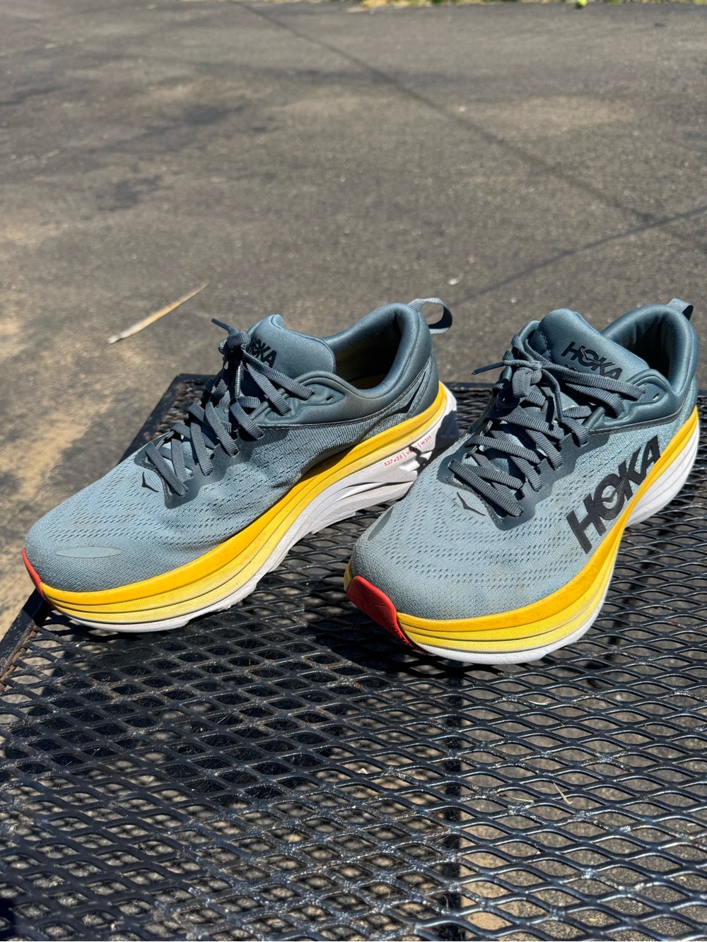Hoka One One Men's Grey and Yellow Athletic Running Shoes with Red Accent - Picture 2 of 4